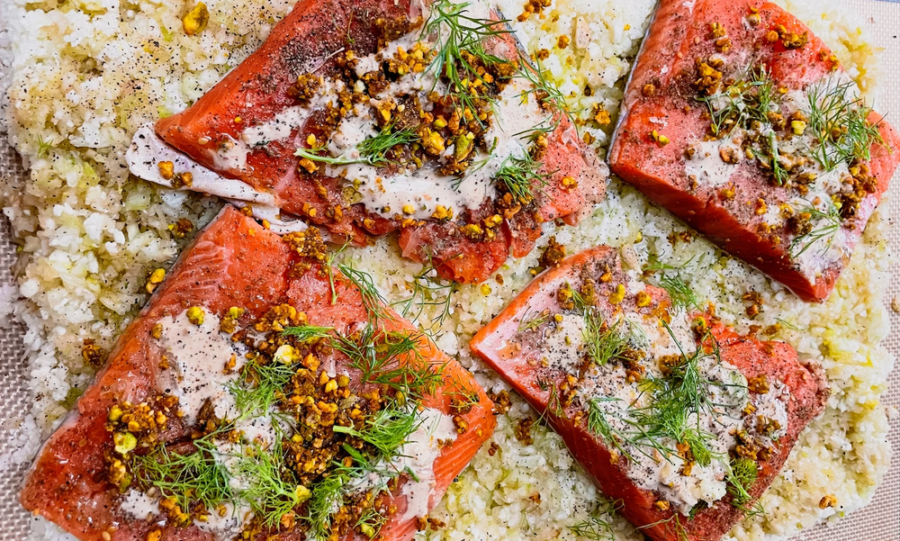Pistachio-crusted Wild Salmon With Spicy Lemony Tahini & Caulifennel Rice