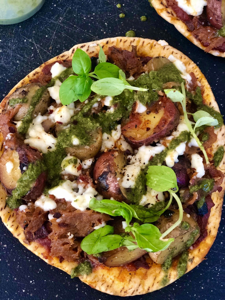 Greek Style Roasted Potato and Gyro Pita Pizza with Kale Pistou