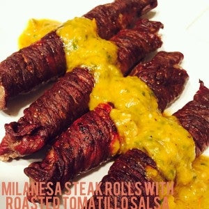 Stuffed Grilled Steak Rolls with Roasted Tomatillo Salsa