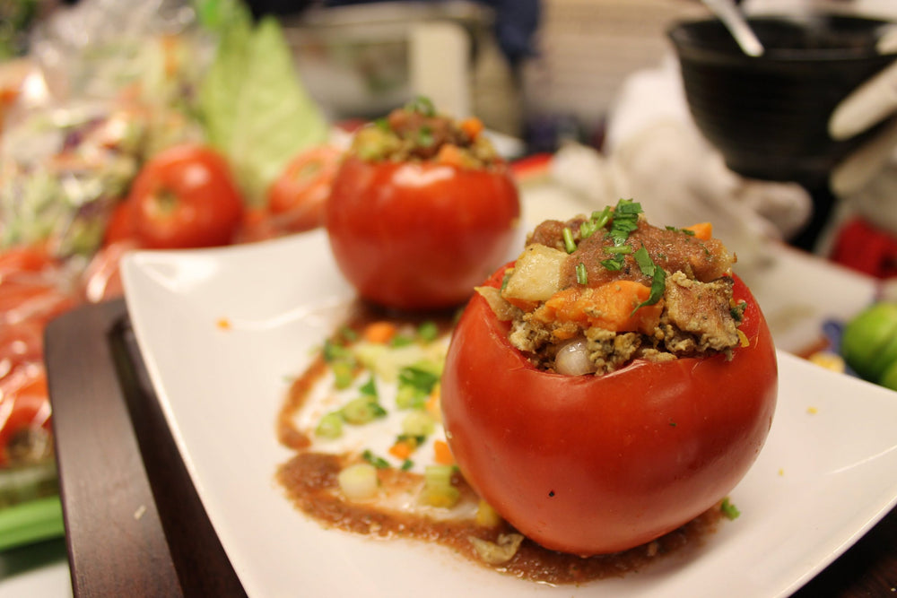 Stuffed Tomatoes with Kohlrabi and Squash Hash & Spicy Blender Salsa