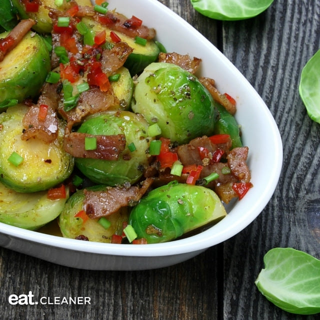 Roasted Brussel Sprouts with Red Bell Pepper and Turkey Bacon