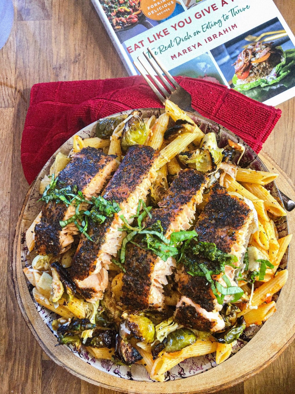 Grilled MedMex Salmon Pasta with Burnt Brussels Sprouts and Fire-Roasted Tomato Sauce